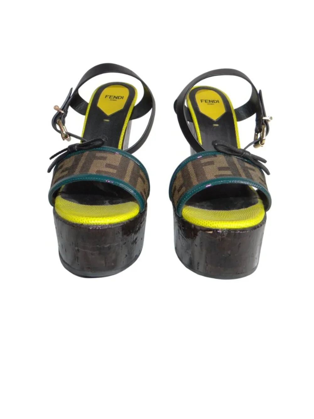 Fendi Roma Zucca Monogram Platform Sandals‎ Cork Heel Yellow Black 38.5